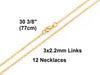 N053 - 12 pcs. Gold Plated Cable Chain Link Necklaces 30 3/8" - (3mm x 2.2mm) - Lobster Clasps - Claw Clasps