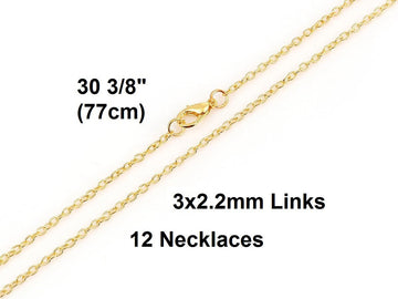 N053 - 12 pcs. Gold Plated Cable Chain Link Necklaces 30 3/8" - (3mm x 2.2mm) - Lobster Clasps - Claw Clasps