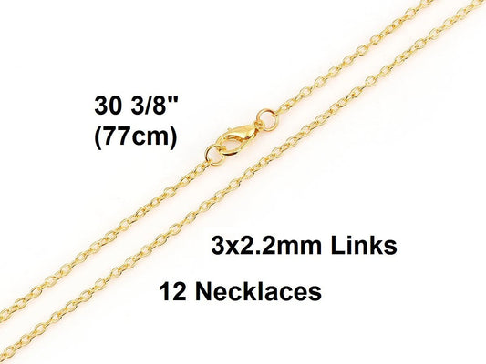 N053 - 12 pcs. Gold Plated Cable Chain Link Necklaces 30 3/8" - (3mm x 2.2mm) - Lobster Clasps - Claw Clasps