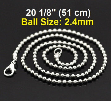 N087 - 12 pcs. Silver Plated Ball Chain Necklaces with Lobster Clasps - 51 cm (20 1/8") - Ball Size: 2.4mm - Claw Clasps