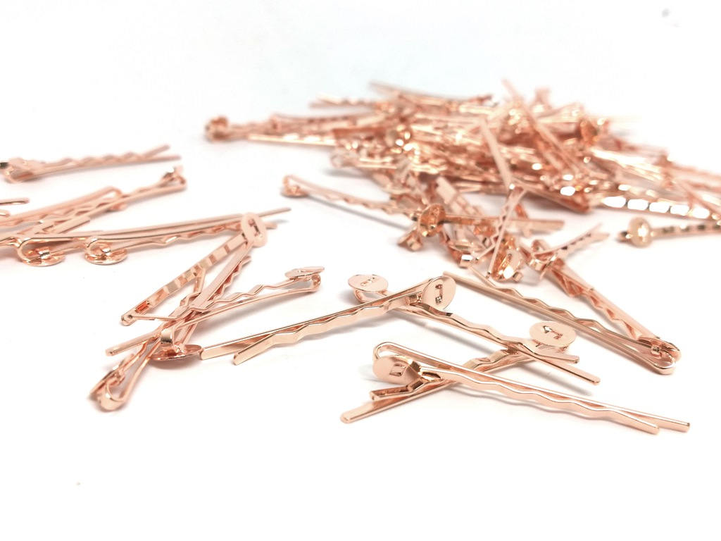 H021 - 50 pcs. Rose Gold Plated Bobby Pins - 8mm Glue Pad - Ripple Pattern - 52mm x 8mm (2" x 0.3") image 1