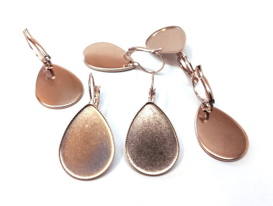 E509 - 6 pcs. (3 pairs) Stainless Steel Rose Gold Teardrop Earring Clips Lever Back Bezels Cabochons - 25mm x 18mm Glue Pad Setting - Drop