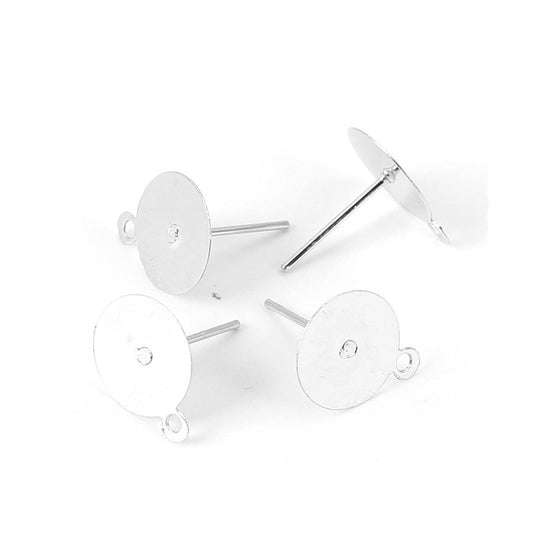 E137 - 50 pieces (25 pairs) Silver Tone Earring Posts/Bases/Studs/Settings with Loop and Rubber Backs - 12mm x 10mm - 10mm Glue Pad Diameter