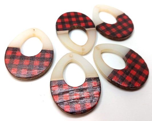 P1195 - 4 pcs. Red and Black Resin and Wood Teardrop Flat Pendant - 38mm x 28mm - (1.5" x 1.1") - LARGE - Great for Earrings and Necklaces!