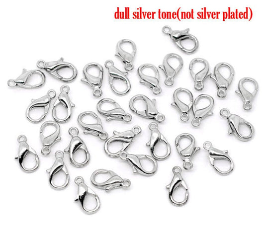 CL104 - 100 pcs. Silver Tone Lobster Clasps - 12mm X 7mm - Made of Alloy - Claw Clasps - Hole Size: 1.5mm