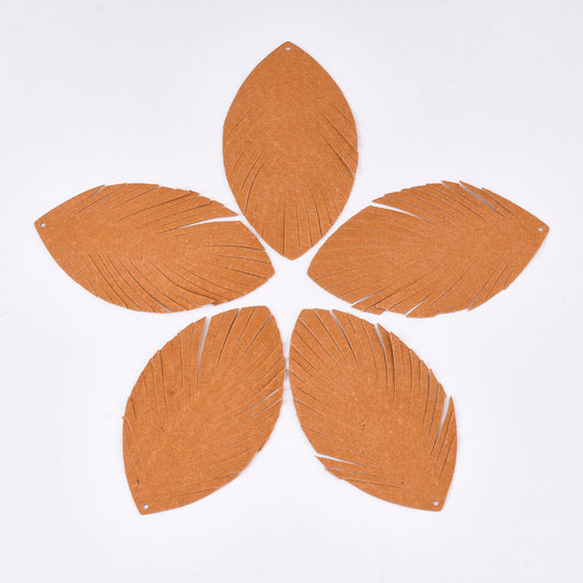 P349 - Orange REAL Leather Pigskin Dangle Pendants - Leaves - 80mm (3.15") - Great for Earrings or Dangles!