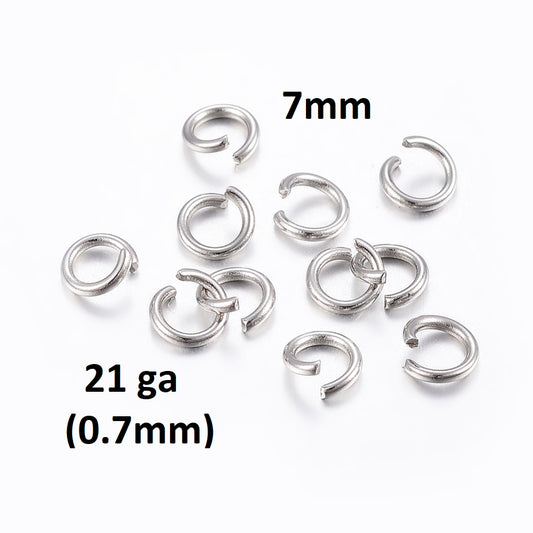J313A - 100 pcs 304 Stainless Steel Silver Tone Open Jump Rings 7mm - 21 Gauge (0.7mm Thick) - Tarnish Resistant!