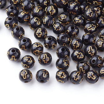 BD210 - 100 pcs Black Acrylic Round Spacer Beads - 8mm (5/16") - Gold Plated Cross Design - Hole Size: 2mm