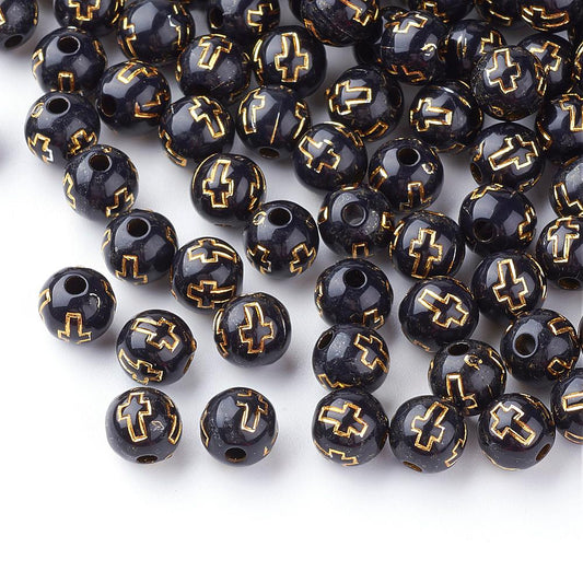 BD210 - 100 pcs Black Acrylic Round Spacer Beads - 8mm (5/16") - Gold Plated Cross Design - Hole Size: 2mm