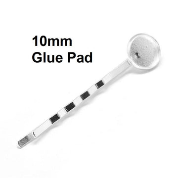 H043 - 10 pcs. - Silver Plated Hair Bobby Pins Cabochons Bezels - 60mm x 12mm (2.36" x 0.47") - 10mm Glue Pad