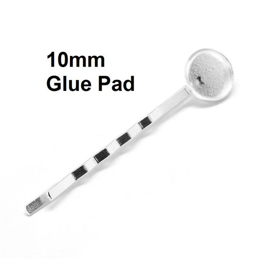 H043 - 10 pcs. - Silver Plated Hair Bobby Pins Cabochons Bezels - 60mm x 12mm (2.36" x 0.47") - 10mm Glue Pad