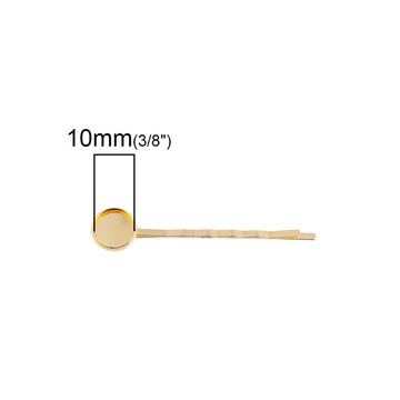 H037 -10 pcs. - Gold Plated Hair Bobby Pins Cabochons Bezels - 58mm x 12mm (2.28" x 0.47") - 10mm Glue Pad
