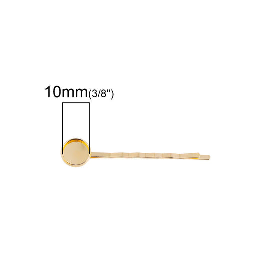 H037 -10 pcs. - Gold Plated Hair Bobby Pins Cabochons Bezels - 58mm x 12mm (2.28" x 0.47") - 10mm Glue Pad