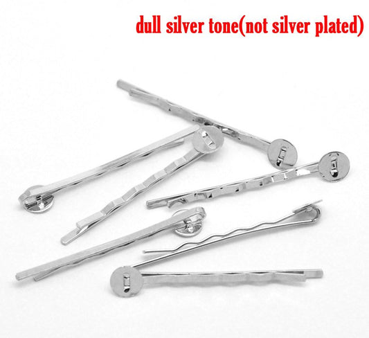 H019 - 50 pcs. Silver Tone Bobby Pins - 8mm Glue Pad - Ripple Pattern - 50mm x 8mm (2" x 0.3")