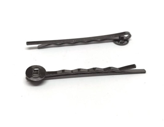 H018A - 20 pcs. Gunmetal Bobby Pins - 8mm Glue Pad - Ripple Pattern - 52mm x 8mm (2" x 0.3")