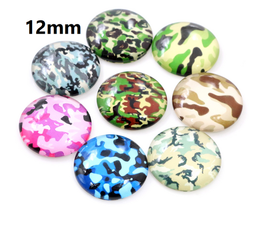 CA507 - 10 pcs Assortment of Circle Camouflage Pattern Glass Round Dome Seals Tiles Cabochons - 12mm - Style B