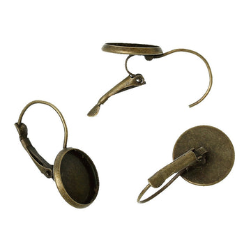 E810 - 10 pcs. Antique Bronze Earring Clips Settings Lever Back Bezels Cabochons - 14mm Glue Pad Setting - Made of Copper!