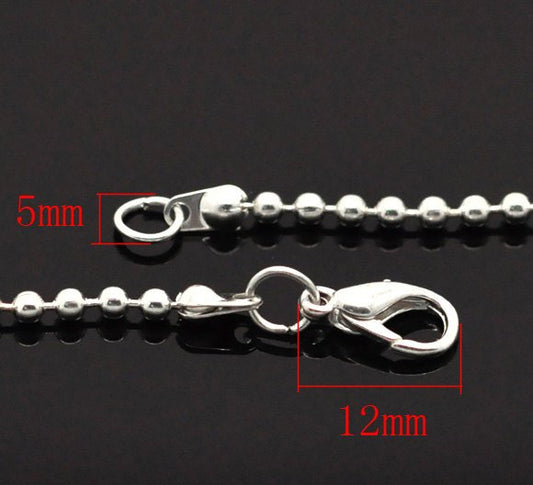 N087 - 12 pcs. Silver Plated Ball Chain Necklaces with Lobster Clasps - 51 cm (20 1/8") - Ball Size: 2.4mm - Claw Clasps