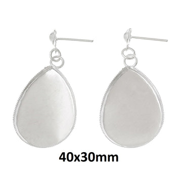 E011 - 10 pcs. Silver Plated Earring Dangle Tacks Posts Settings Bezels Cabochons - Teardrop - 40mm x 30mm Glue Pad Setting