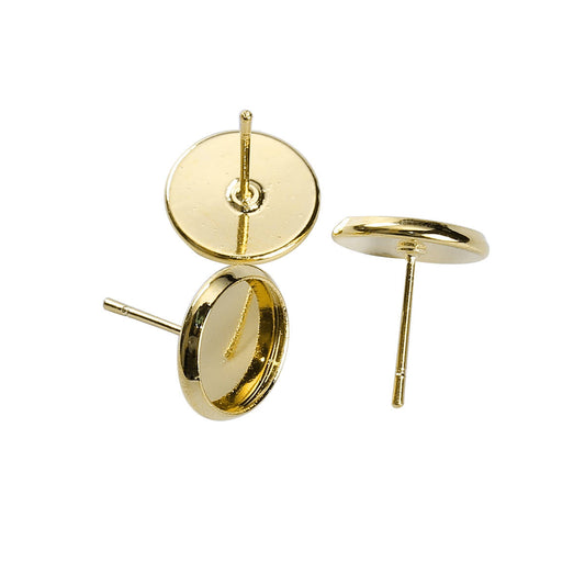 E072 - 10 pcs. Gold Plated Earring Posts Studs Settings Bezels Cabochons Tacks- 10mm Glue Pad Setting - Rubber Backs Included ! Made of Copper