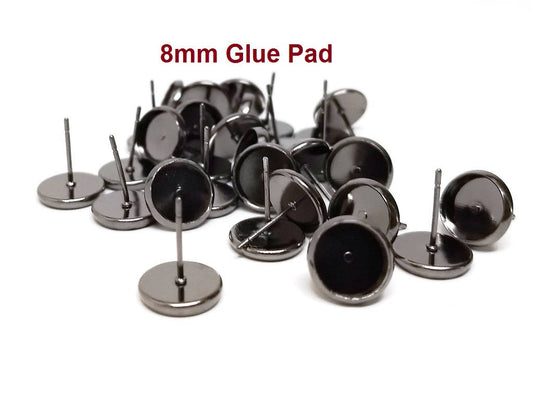 E144 - 10 pcs. Gunmetal Earring Posts Studs Settings Bezels Cabochons Tacks- 8mm Glue Pad Setting - Includes Rubber Backs!