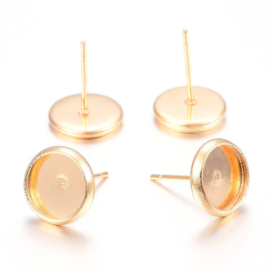 E299A - 2 pcs. 304 Stainless Steel Gold Plated Earring Posts Settings Bezels Cabochons Tacks- 8mm Glue Pad Setting - with Stoppers!