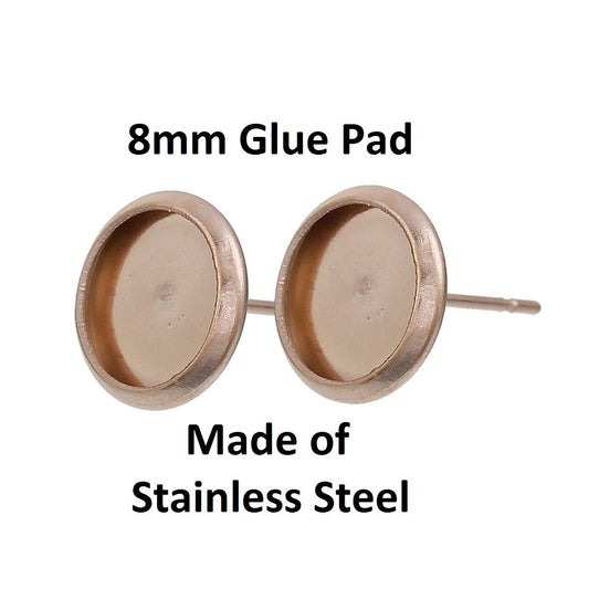E302A - 2 pcs. 304 Stainless Steel Rose Gold Plated Earring Posts Settings Bezels Cabochons Tacks- 8mm Glue Pad Setting - with Stoppers!