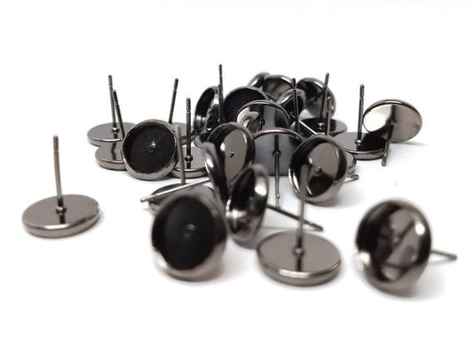 E144 - 10 pcs. Gunmetal Earring Posts Studs Settings Bezels Cabochons Tacks- 8mm Glue Pad Setting - Includes Rubber Backs!