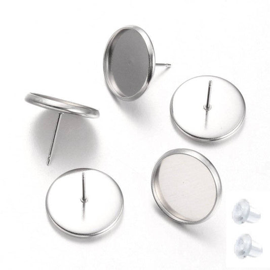 E206A - 20 pcs. Stainless Steel Earring Posts Studs Settings Bezels Cabochons Tacks - 14mm Glue Pad Setting - Hypoallergenic! Tarnish Resistant!