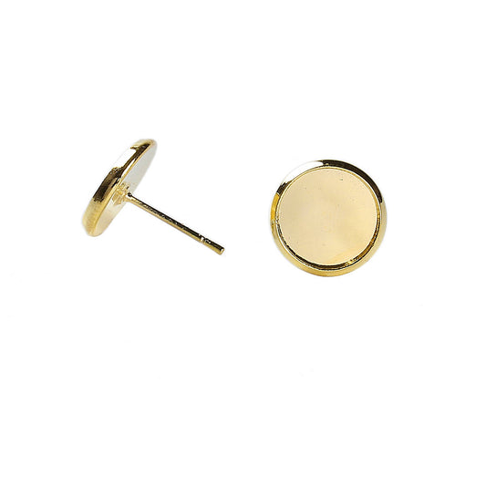 E072 - 10 pcs. Gold Plated Earring Posts Studs Settings Bezels Cabochons Tacks- 10mm Glue Pad Setting - Rubber Backs Included ! Made of Copper
