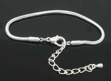 B048 - 4 pcs. Silver Plated European Snake Chain Bracelets with Chain Extenders - Lobster Claw Clasps - Cylinder Cap - 19cm (7.5") - 2.5mm Thick