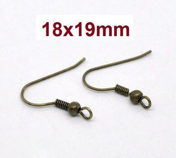 E221C - 100 pcs (50 pairs) Antique Bronze Earring Hooks with Spring and Ball - 19x18mm - Perpendicular Loop