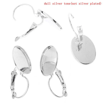 E015 - 6 pcs. Silver Tone Earring Clips Settings Lever Back Bezels Cabochons - 18mm x 13mm Glue Pad Setting - Oval - 18x13mm - 13x18mm