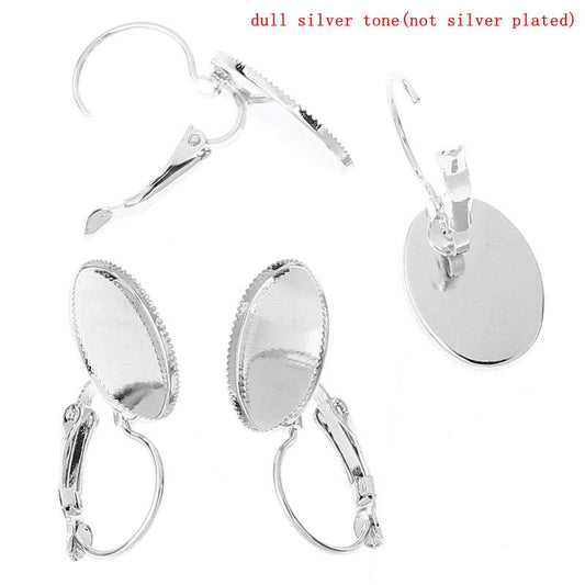 E015 - 6 pcs. Silver Tone Earring Clips Settings Lever Back Bezels Cabochons - 18mm x 13mm Glue Pad Setting - Oval - 18x13mm - 13x18mm