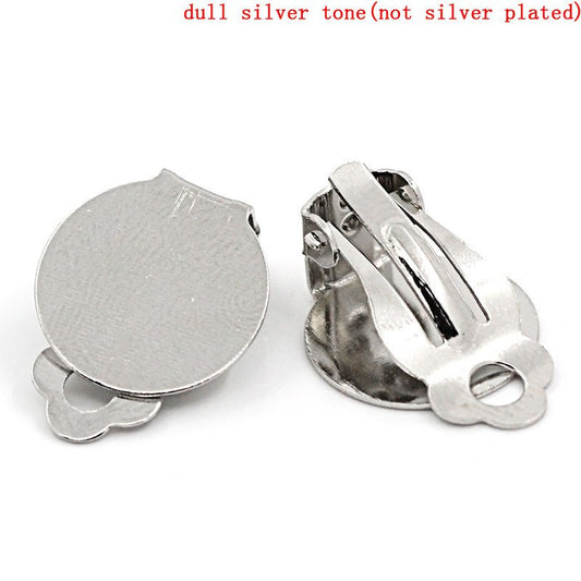 E109 - 50 pcs. Silver Tone Hinged Earring Clips Settings Cabochons Posts - 15mm Glue Pad Setting