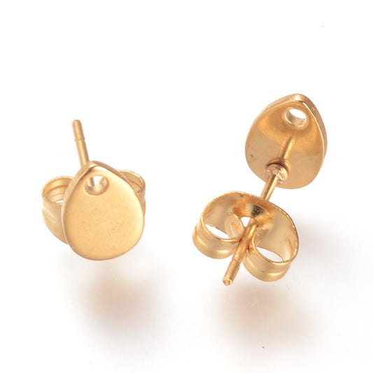 E273 - 10 pcs. (5 pairs) 304 Stainless Steel Teardrop Earring Posts/Bases/Studs/Settings with Backs - 8mm x 5mm - Hole for Dangles - Golden