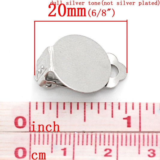 E109 - 50 pcs. Silver Tone Hinged Earring Clips Settings Cabochons Posts - 15mm Glue Pad Setting