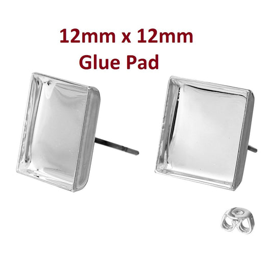 E279 - 10 pcs. Silver Plated Square Earring Posts Studs Settings Bezels Cabochons Tacks- 12mm x 12mm Glue Pad Setting