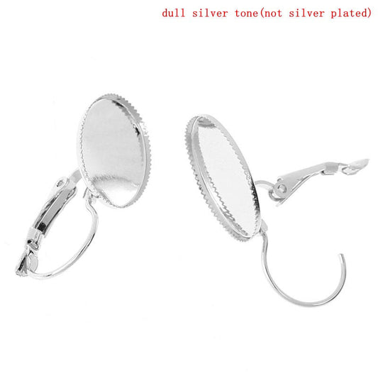 E015 - 6 pcs. Silver Tone Earring Clips Settings Lever Back Bezels Cabochons - 18mm x 13mm Glue Pad Setting - Oval - 18x13mm - 13x18mm