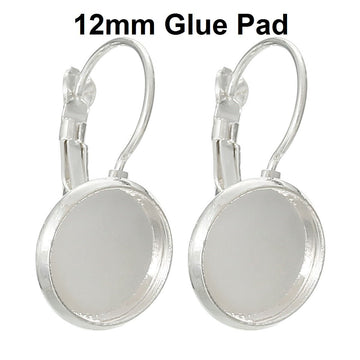 E073 - 10 pcs. Silver Plated Earring Clips Settings Lever Back Bezels Cabochons - 12mm Glue Pad Setting