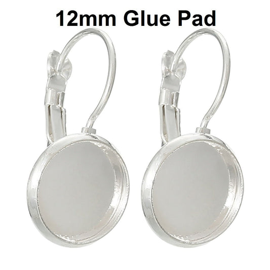 E073A - 20 pcs. Silver Plated Earring Clips Settings Lever Back Bezels Cabochons - 12mm Glue Pad Setting