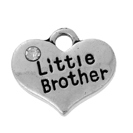 P005 - 4 pcs. Antique Silver "Little Brother" charm with rhinestone- 16 mm X 14 mm