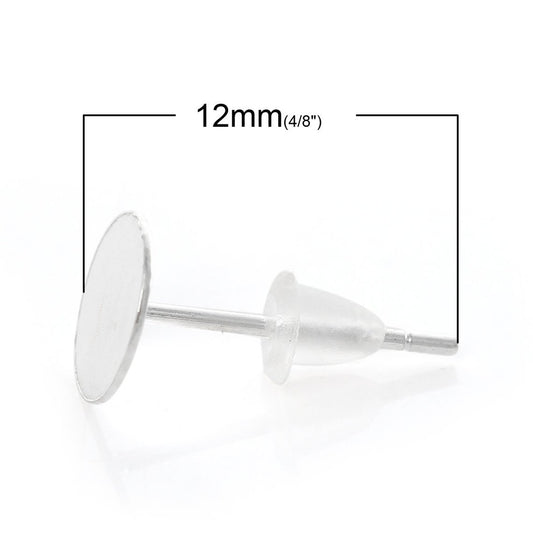 E222 - 4pcs (2 Pairs) 925 Sterling Silver Earring Posts/Bases/Studs/Settings with Rubber Backs - 12mm x 5mm