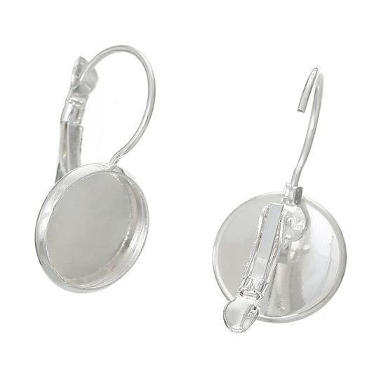 E073A - 20 pcs. Silver Plated Earring Clips Settings Lever Back Bezels Cabochons - 12mm Glue Pad Setting