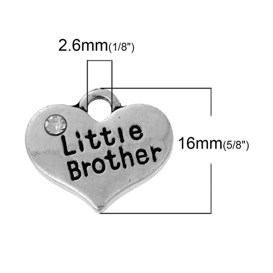 P005 - 4 pcs. Antique Silver "Little Brother" charm with rhinestone- 16 mm X 14 mm