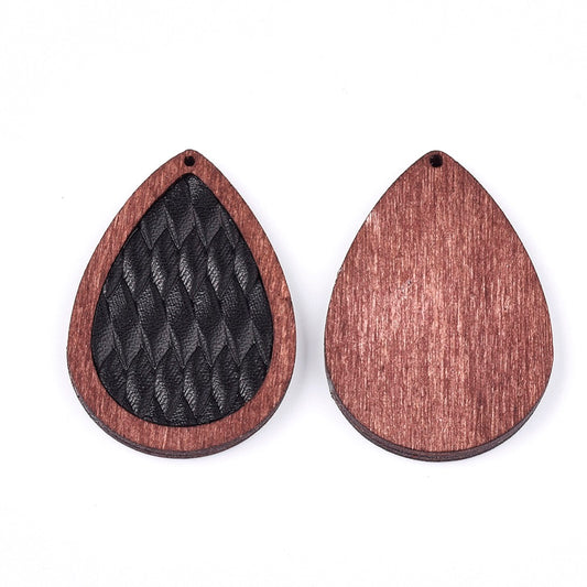 P173 - 4 pcs. Black and Brown REAL Leather Cowhide over Wood Dangle Pendants - Rattan - Teardrop - 46mm (1.81") - Great for Earrings or Dangles!