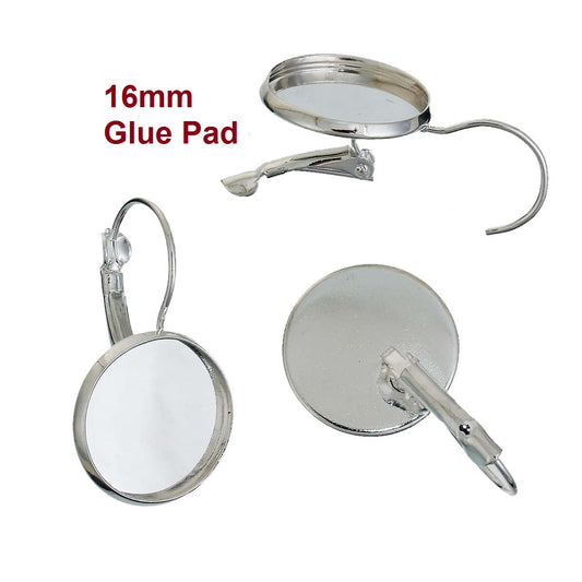 E145 - 10 pcs. Silver Plated Earring Clips Settings Lever Back Bezels Cabochons - 16mm Glue Pad Setting