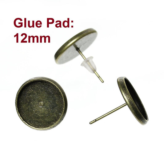 E110 - 50 pcs. Antique Bronze Earring Posts Studs Settings Bezels Cabochons Tacks- 12mm Glue Pad Setting
