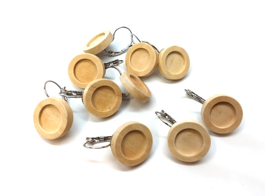 E564 - 10 pcs. Stainless Steel Earring Clips Settings Lever Back Bezels Cabochons - 12mm Glue Pad Setting - Silver Clip - Wood Tray - Natural