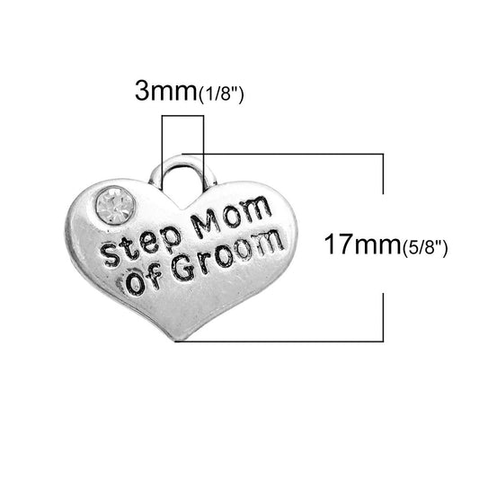P006 - 4 pcs. Antique Silver "Step Mom of Groom" charm with rhinestone- 17mm X 13mm